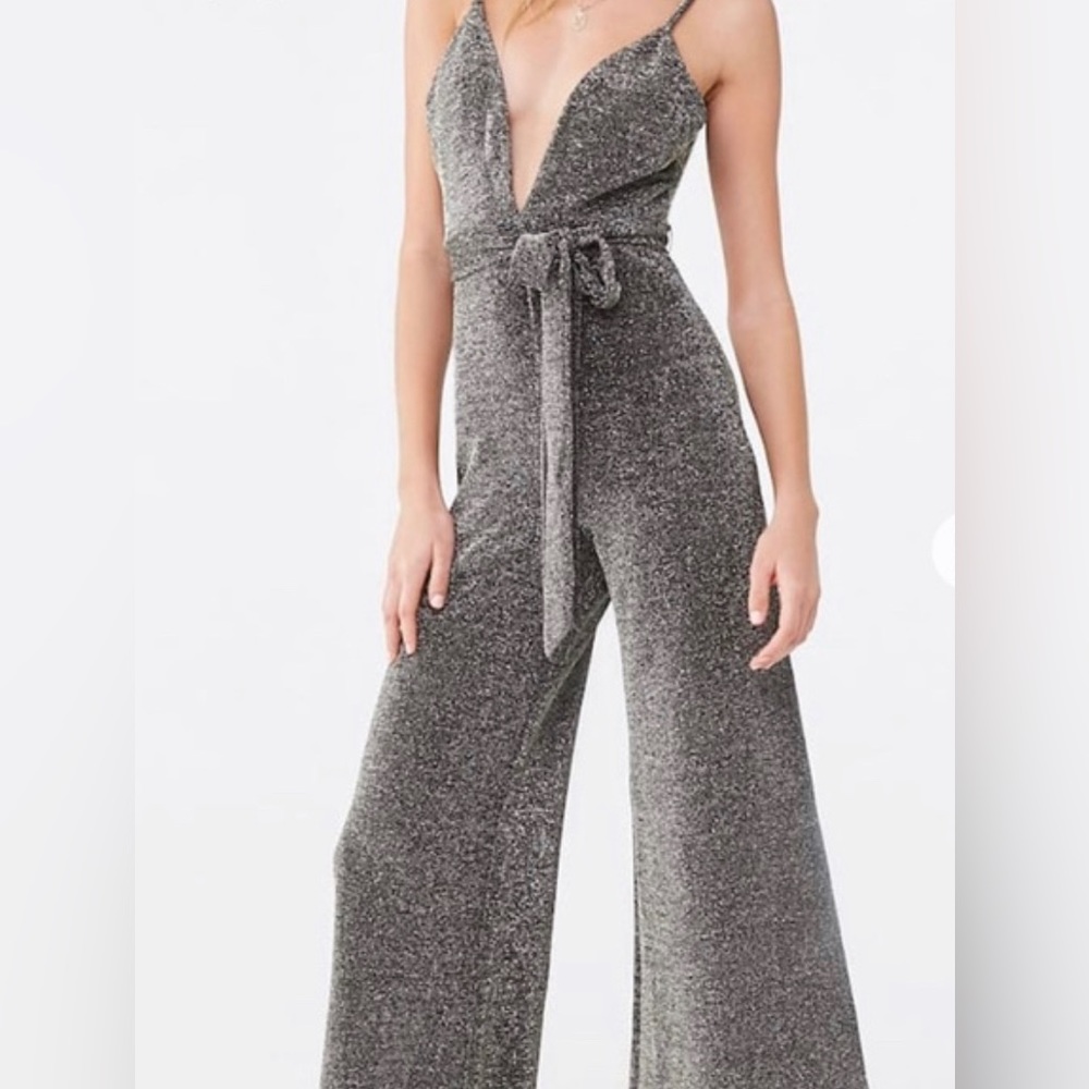 Black Metallic/Silver Wide Leg Jumpsuit from Forever 21. Size L.